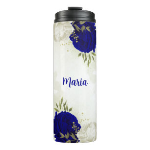 Bouteilles Isothermes bleu royal blanc floral verdure 