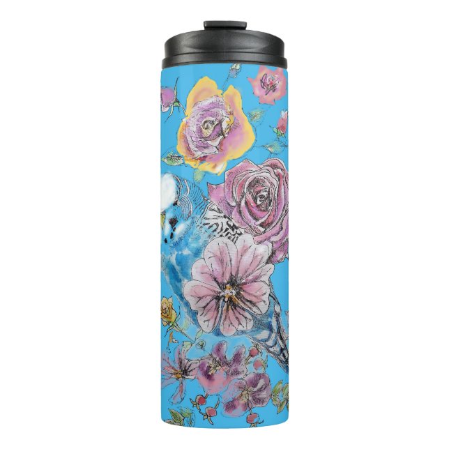 Bouteilles Isothermes Blue Budgie Budgerigar Rose aquarelle art floral (Devant)