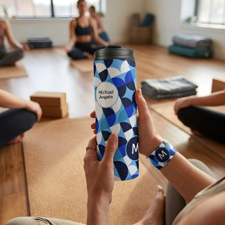 Bouteilles Isothermes Blue Geometric Mosaic Bauhaus Monogram Custom Name