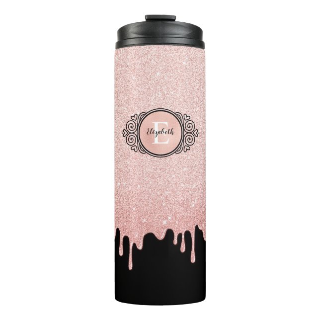 Bouteilles Isothermes Blush Rose Monogramme Nom Paillettes qui dégouline (Devant)