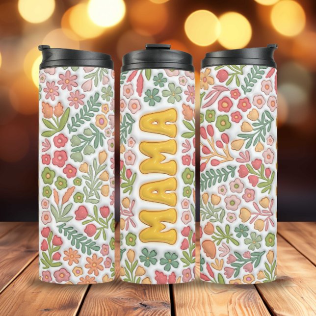 Bouteilles Isothermes Boho jaune Floral 3D Mama (3D Inflated Yellow Boho Flowers Mama Thermal Tumbler)