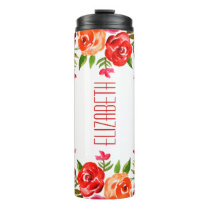 Bouteilles Isothermes Boho Rouge rose orange Aquarelle Fleurs