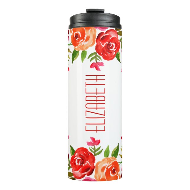Bouteilles Isothermes Boho Rouge rose orange Aquarelle Fleurs (Devant)