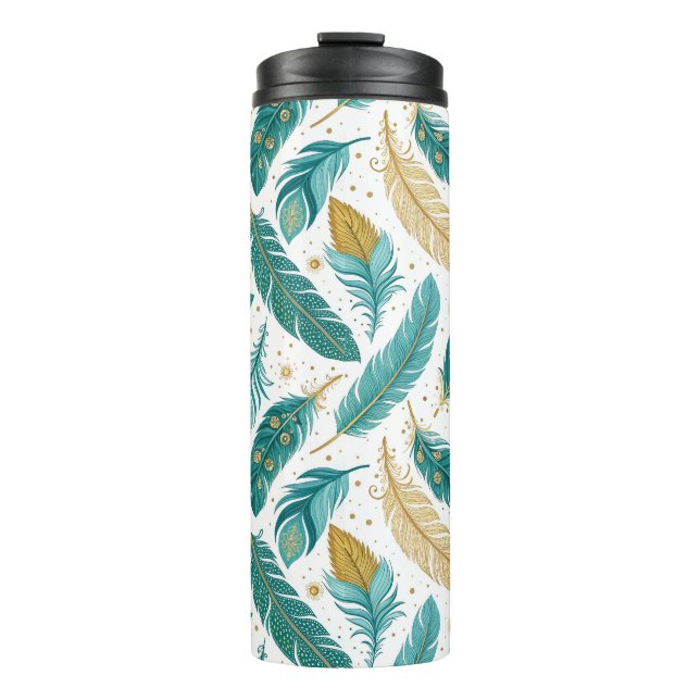 Bouteilles Isothermes Boho Turquoise et or plumes (Devant)
