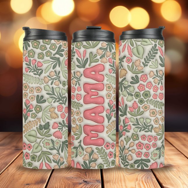 Bouteilles Isothermes Boho vert Floral Mama (3D Inflated Green Pink Boho Flowers Mama Thermal Tumbler)