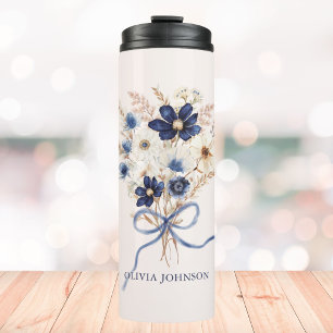 Bouteilles Isothermes Bouquet de fleurs bleu marine personnalisé floral