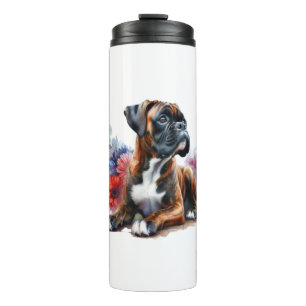 Bouteilles Isothermes Boxer parmi les fleurs en aquarelle