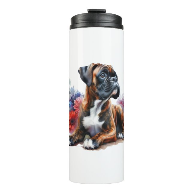 Bouteilles Isothermes Boxer parmi les fleurs en aquarelle (Devant)