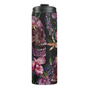 Bouteilles Isothermes Broderie crâne humain et fleurs d'orchidées roses 