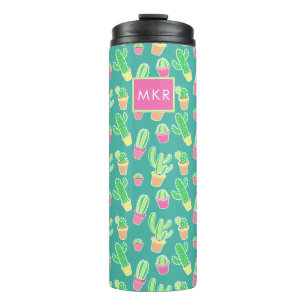 Bouteilles Isothermes Cactus au néon d'aquarelle dans le motif de pots