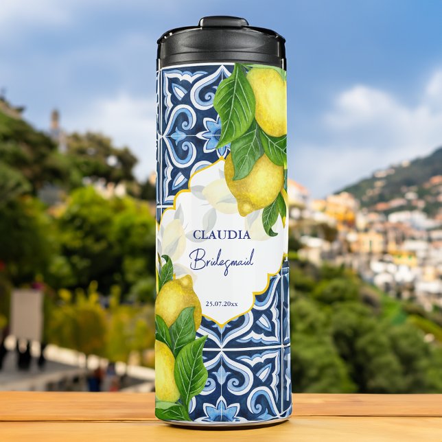 Bouteilles Isothermes Cadeaux de demoiselles de Bridesmaid en faveur tui (Bridesmaid gifts favors blue tiles lemon Amalfi personalized Thermal Tumbler bridal party favors)