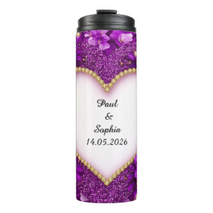 Bouteilles Isothermes Cadre Cœur Violet avec Paillettes et Fleurs