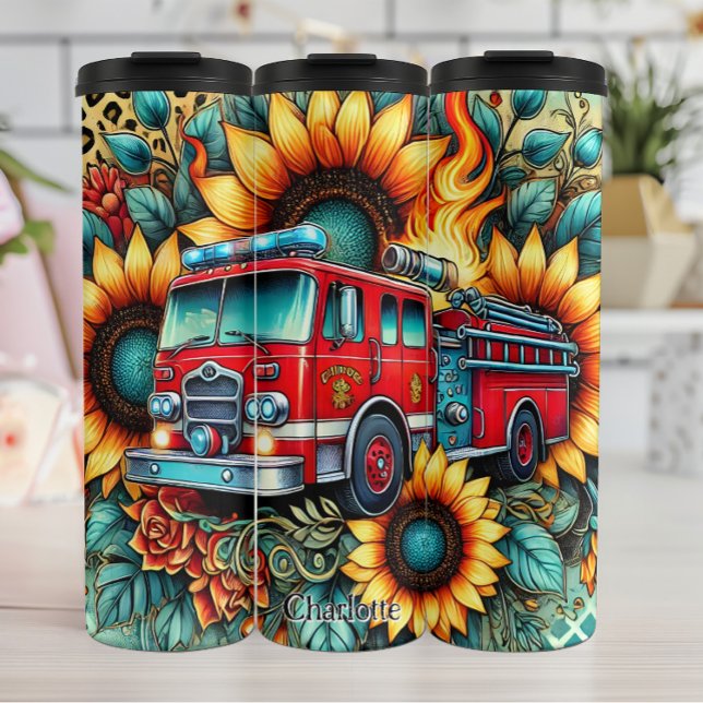 Bouteilles Isothermes Camion d'incendie au milieu des tournesols et des  (Créateur téléchargé)