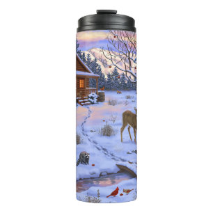 Bouteilles Isothermes Cerf Cabine D'Hiver Dans La Scène De Noël De Neige
