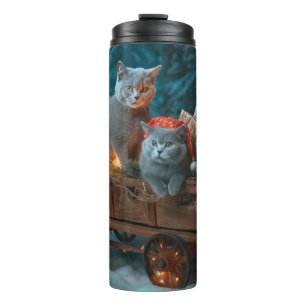 Bouteilles Isothermes Chat Bleu Russe Sleigh Neigeux Décor Noël