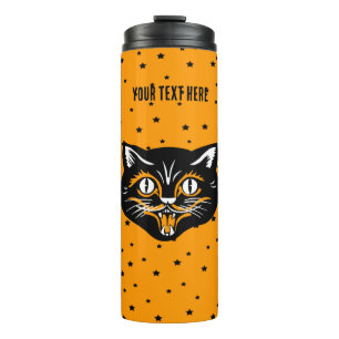 Bouteilles Isothermes Chat d'Halloween noir souriant étoiles face orange