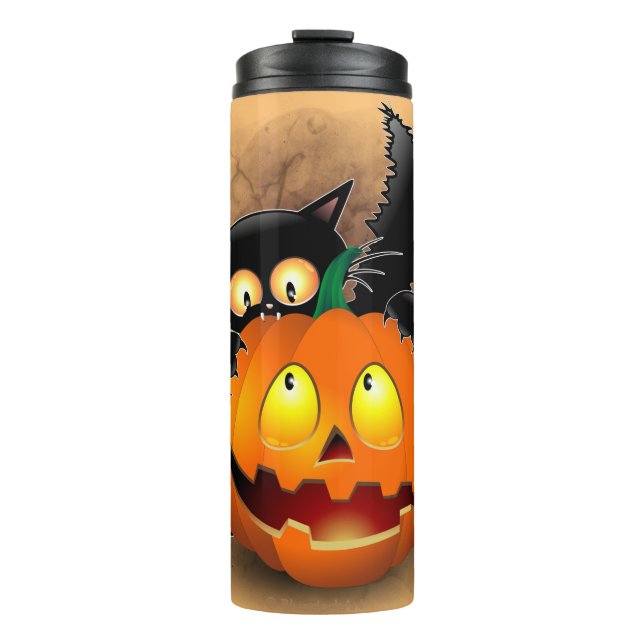 Bouteilles Isothermes Chat Fun Halloween Caractère mordant un Citrouille (Devant)