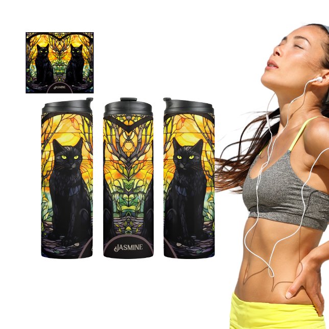 Bouteilles Isothermes Chat noir Vitrail Yoga jaune (Black Cat Lover with Stained Glass Design Thermal Tumbler )