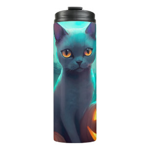 Bouteilles Isothermes Chat Russe Bleu Halloween avec citrouilles effraya