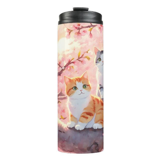 Bouteilles Isothermes Chats Mignons Sur Un Arbre En Fleur De Cerise (Devant)