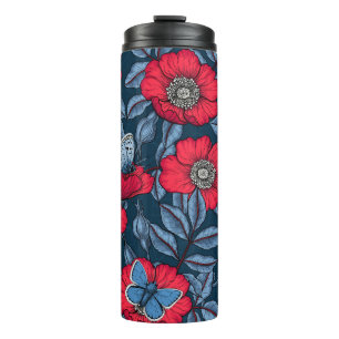 Bouteilles Isothermes Chien rose et papillons en bleu et rouge