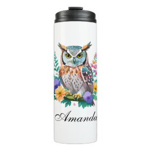 Bouteilles Isothermes Chouette aquarelle et fleurs colorées