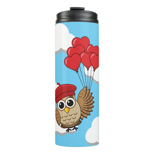 Bouteilles Isothermes Chouette mignonne volant avec des ballons de coeur (Devant)