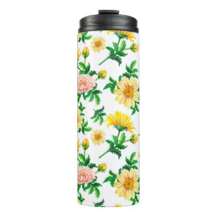 Bouteilles Isothermes Chrysanthèmes aquarelle. Fleurs jaunes avec gre