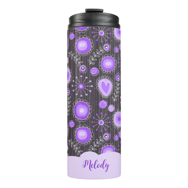 Bouteilles Isothermes Coeur gris violet blanc et nom floral (Devant)