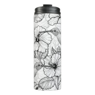 Bouteilles Isothermes Colibris et fleurs d'hibiscus b&w