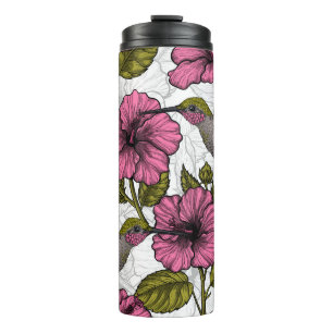 Bouteilles Isothermes Colibris et fleurs d'hibiscus roses