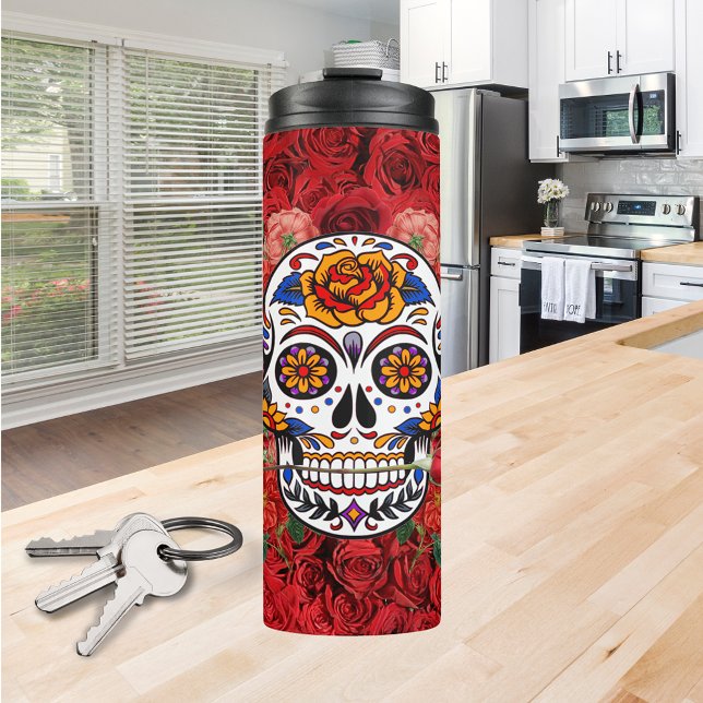 Bouteilles Isothermes Crâne sucre rose Roses rouges Vacances (Sugar Skull Pink Red Roses Holidays Thermal Tumbler)