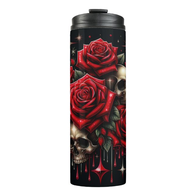 Bouteilles Isothermes Crânes d'or et roses rouges étincelante gothique (Devant)