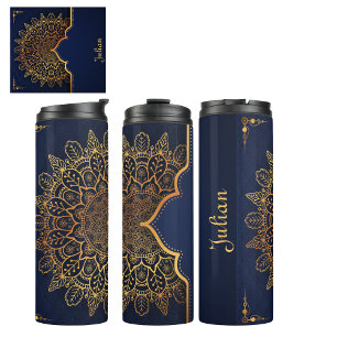 Bouteilles Isothermes Custom Elegant Bleu foncé Faux Or Mandala