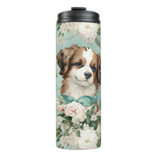 Bouteilles Isothermes Cute Chiot et Roses Blanches Floral