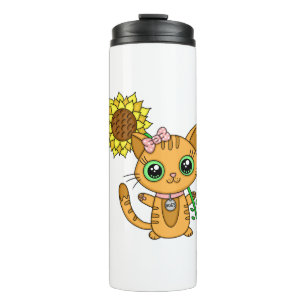 Bouteilles Isothermes Cute Orange Kawaii Chat avec tournesol