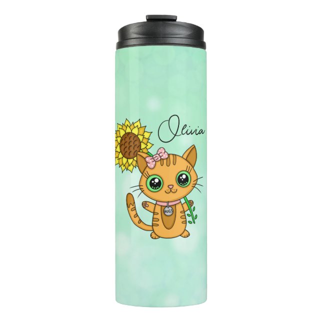 Bouteilles Isothermes Cute personnalisée Kawaii Chat Holding Fleur (Devant)