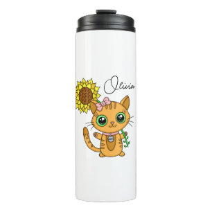 Bouteilles Isothermes Cute personnalisée Kawaii Chat Holding Fleur