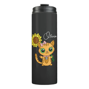 Bouteilles Isothermes Cute personnalisée Kawaii Chat Holding Fleur