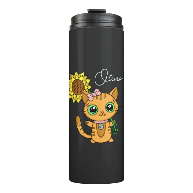 Bouteilles Isothermes Cute personnalisée Kawaii Chat Holding Fleur (Devant)