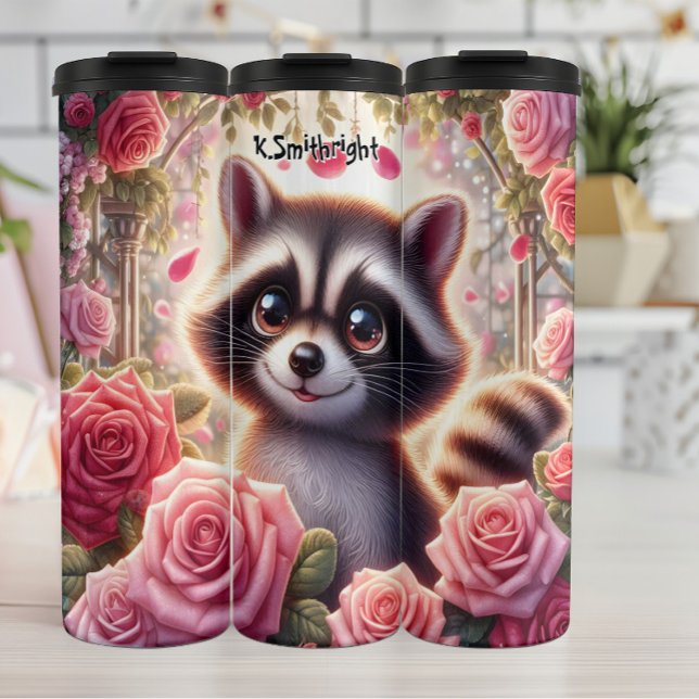 Bouteilles Isothermes Cute Raccoon dans un jardin Rose (Créateur téléchargé)