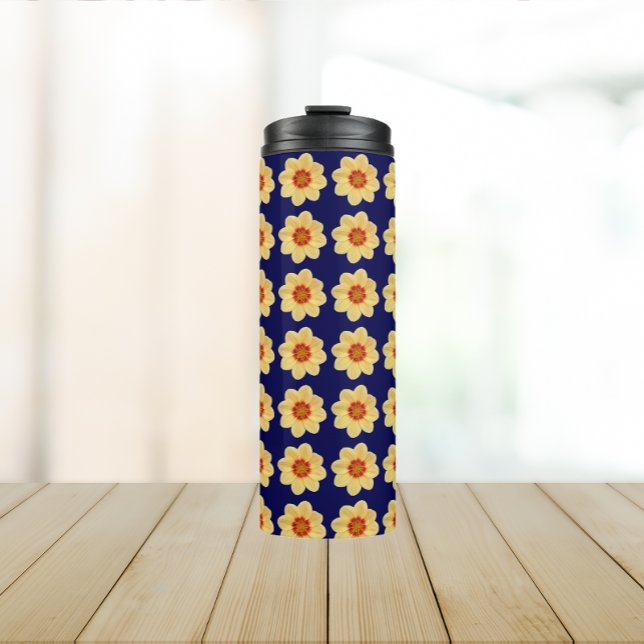 Bouteilles Isothermes Dahlia jaune motif floral sur bleu (In Situ)