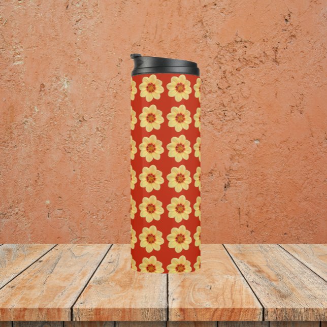 Bouteilles Isothermes Dahlia jaune motif floral sur rouge (In Situ)