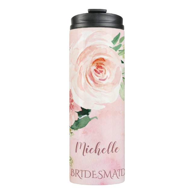 Bouteilles Isothermes Demoiselle d'honneur à fleurs roses avec nom (Devant)