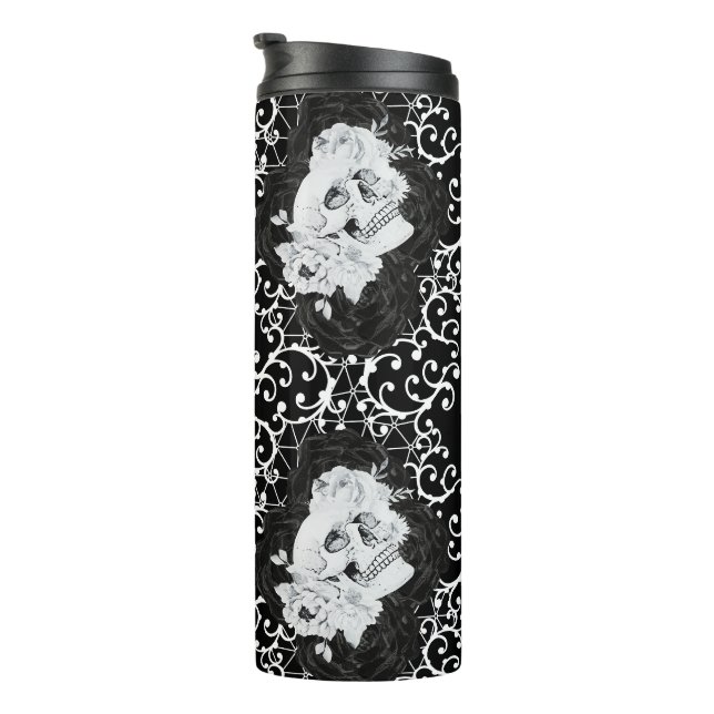 Bouteilles Isothermes Design gothique avec crâne et rose noir (Tourné sur la droite)