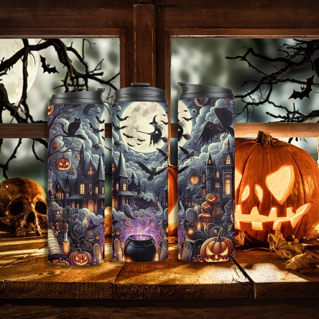 Bouteilles Isothermes Éffrayant Halloween maison hantée Sorcière et Citr (Spooky Halloween haunted house Witch and Pumpkins Thermal Tumbler)