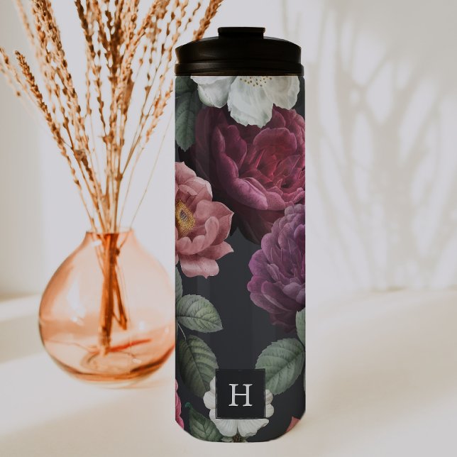 Bouteilles Isothermes Élégant floral foncé sur noir | Monogram Tumbler (Créateur téléchargé)