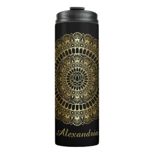 Bouteilles Isothermes Elégant or sur Black Lotus Henna Mandala