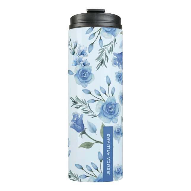 Bouteilles Isothermes Elégante aquarelle Joli bleu Floral Monogramme (Devant)