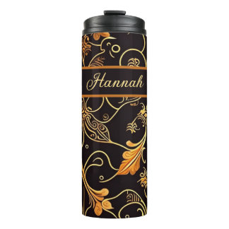 Bouteilles Isothermes Feuilles et ranchs orange sur motifs noirs
